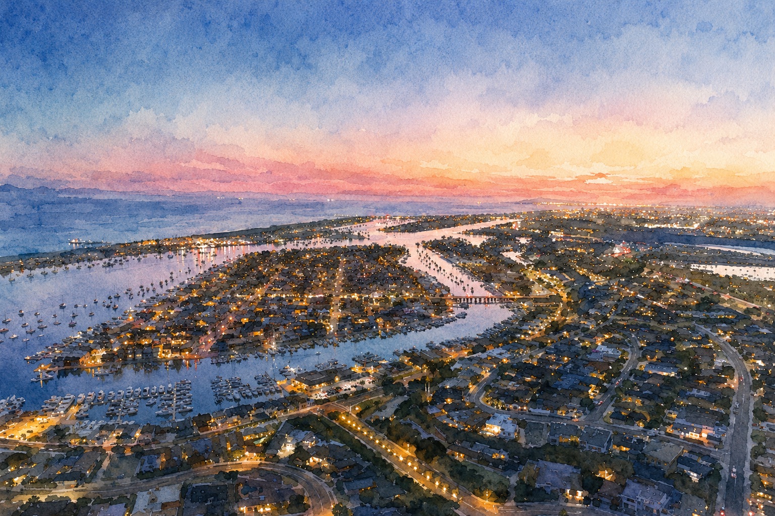 Newport Harbor, California — watercolor